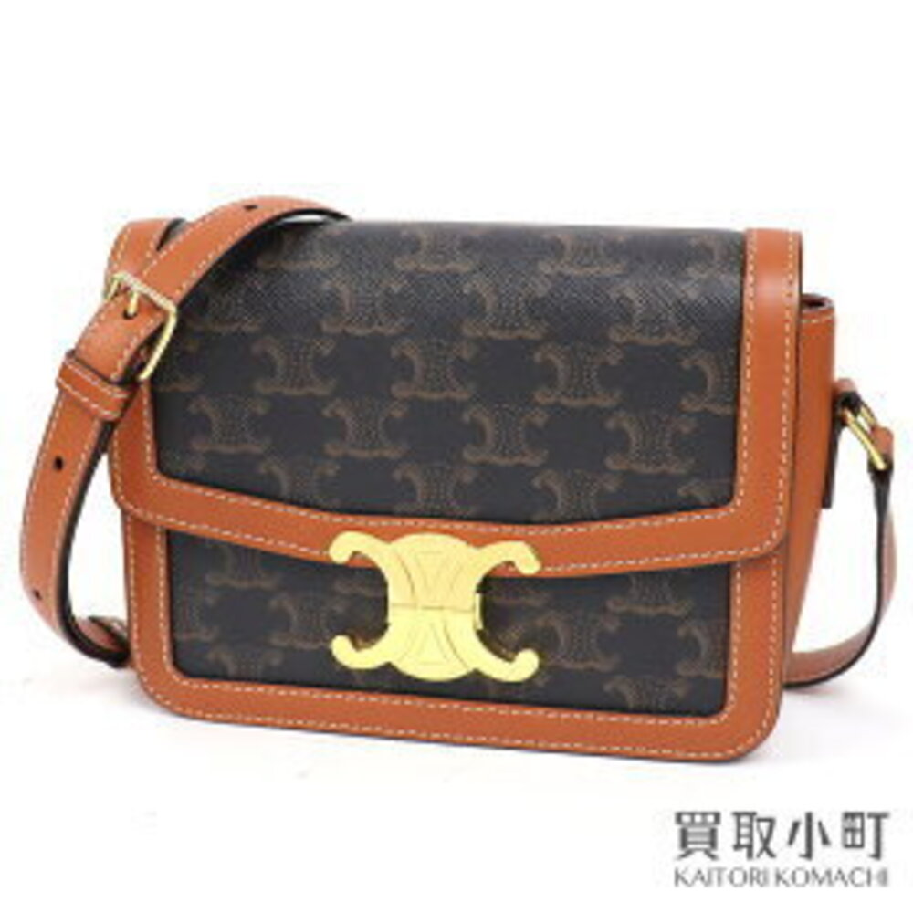 Celine Teen Triomphe Canvas Calfskin Tan Crossbody Carry Pochette Shoulder Bag
